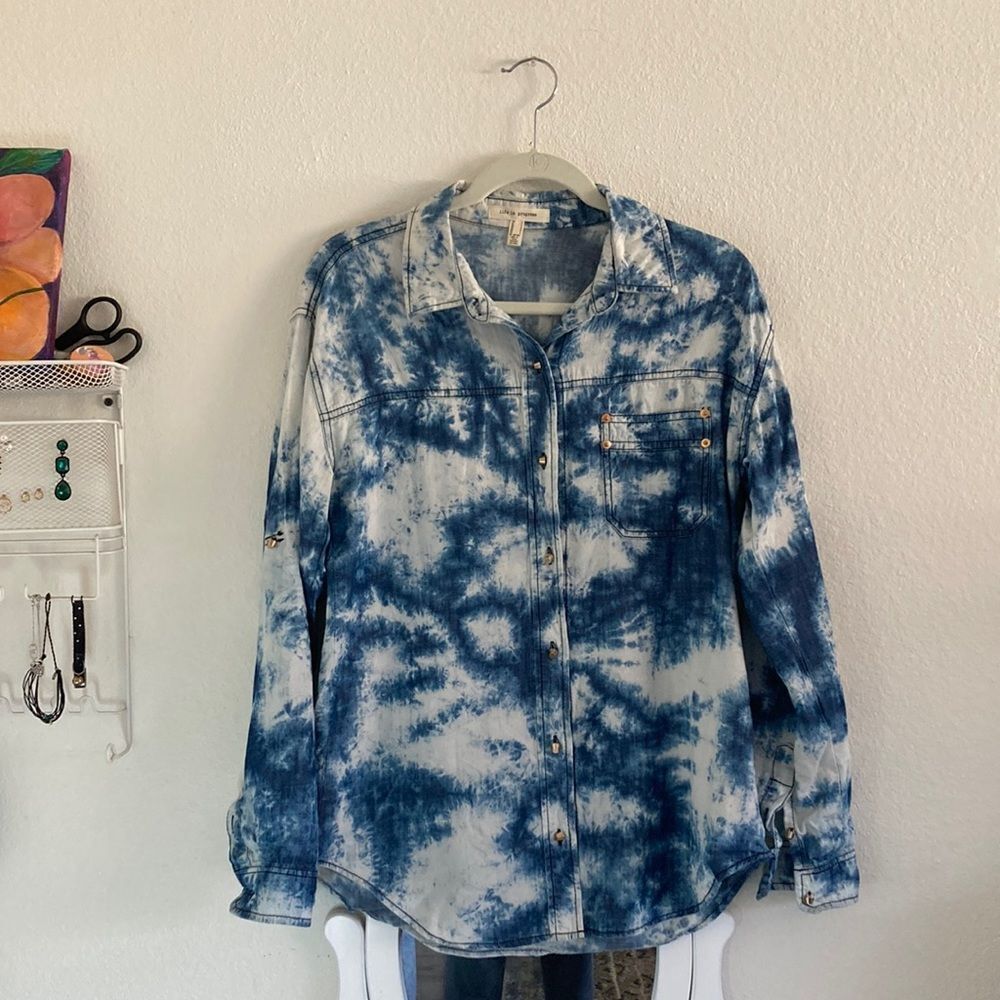 Tie Dye Denim Shirt Button Up Long Sleeves size Small